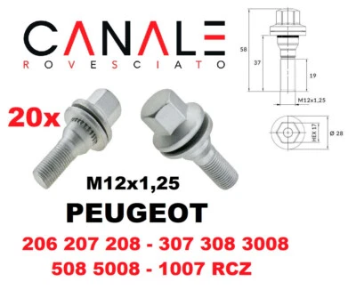 20 bulloni PEUGEOT 307 308 3008 piatti 12x1.25 kit per cerchi lega ruote dadi - Immagine 1 di 4