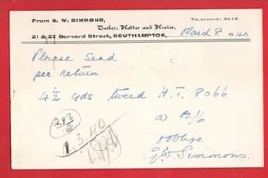 SOUTHAMPTON BERNARD ST ADVERT FOR G W SIMMONS. TAILOR HATTER + HOSTER. 1940 - Picture 1 of 1