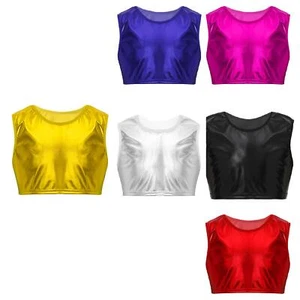 Kids Girls Boys Metallic Jazz Hip Hop Dance Crop Top Sleeveless Vest Tank Tops - Picture 1 of 73