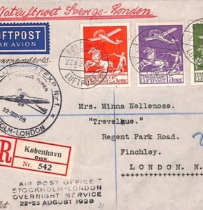 DENMARK Air Mail Cover 1928 FIRST FLIGHT SWEDEN-GB London Copenhagen Reg. YX134 - Picture 1 of 10