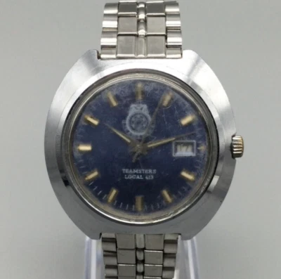 复古 Teamsters 本地 413 手表男士 39 毫米蓝色表盘日期弹力表带手动上发条 — 第 1/4 张图片