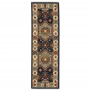 12' Blue Ivory Machine Woven Medallion Indoor Runner Rug - Picture 1 of 3