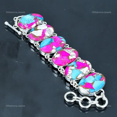 Pulsera étnica de plata 925 con cadena bisel madre piedra turquesa algodón caramelo ovalada Foto 1 de 4