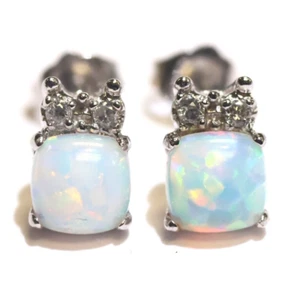 14k white gold Opal cushion cut gemstone .02ct diamond earrings 1.3g estate stud - Picture 1 of 8