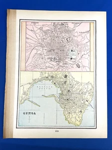 1898 Color Map ATHENS & GENOA w/ Valletta, Copenhagen, Valencia on Reverse - Picture 1 of 21
