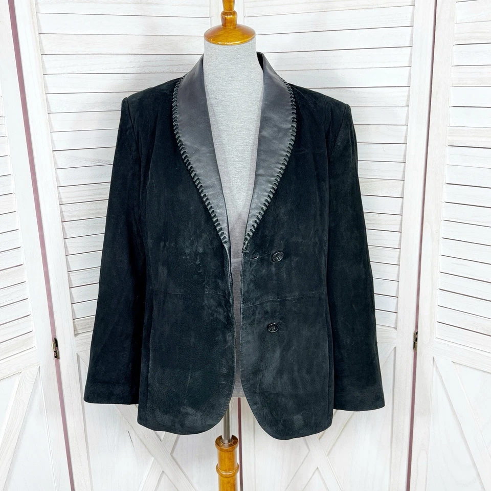 Terry Lewis Vintage Suede Jacket Womens Size Medium Black Blazer Leather Collar - Image 1 of 4