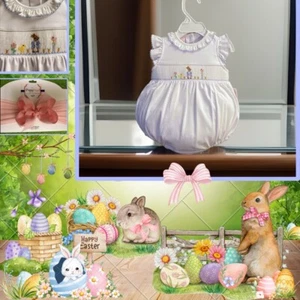 Girls NWT Petit Bebe Smocked Romper Easter Storybook Rabbit Free Bow 9 Months - Picture 1 of 13