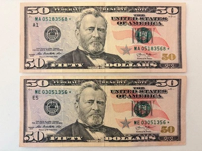 TWO 2013 $50 FIFTY DOLLAR BILL - STAR NOTE  ✯ - ME & MA - RICHMOND & BOSTON - Image 1 of 2