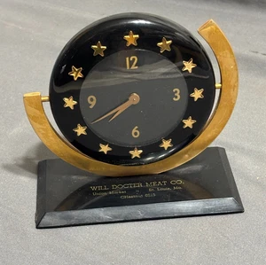RARE vtg MCM ATOMIC STARS 1950s Advertising DESK CLOCK Gold Swivel WIND UP Works - Picture 1 of 9