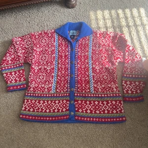 Motif Sweater Cardigan Nordic Ski  100% Wool Hand knit In Nepal Small - Picture 1 of 11