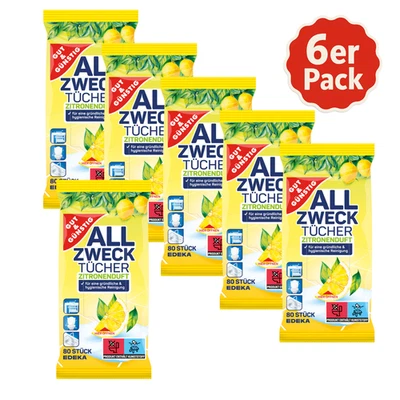Gut & Günstig Feuchte Allzwecktücher Reinigung Zitronenduft Haushalt 6x80 Stück - Bild 1 von 4