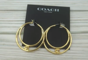 COACH Logo Signature Double Hoop Earrings with Crystal in Gold Plated Brass $85 - Picture 1 of 6