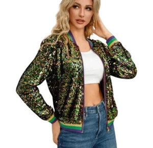 Women's Mardi Gras Tri-Colored Confetti Sequin Bomber Jacket - Picture 1 of 9