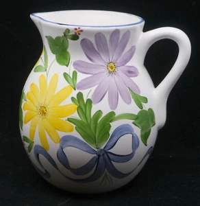 LAURIE GATES STONEWARE WATER PITCHER w BOLD FLORAL DECORATION, 8 INCHES - Picture 1 of 7