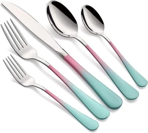 Colorful Silverware Set 20 Piece 18/0 Stainless Steel Flatware Pink and Green - Picture 1 of 1