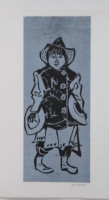 Willem Grimm / Holzschnitt /Rumpelpottkind mit Topfdeckeln /handsigniert - Bild 1 von 3