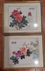 Pair of VTG Signed Stamped Chinese Watercolor Paintings Flowers 12x10 Rice Paper
