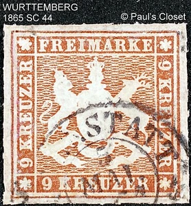 WURTTEMBERG 1865 SC 45 9kr BISTER BROWN ROULETTED USED NO GUM  F/VF SEE PHOTOS  - Picture 1 of 2