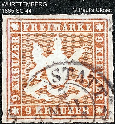 WURTTEMBERG 1865 SC 45 9kr BISTER BROWN ROULETTED USED NO GUM  F/VF SEE PHOTOS  - Image 1 of 2