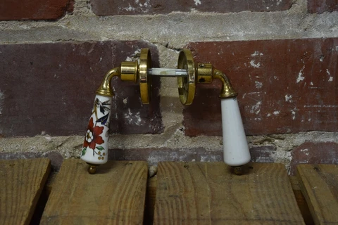 Antique U.C.D.A Limoges W.C Two Floral Porcelain & Door Handles w/ Brass Plates Cover