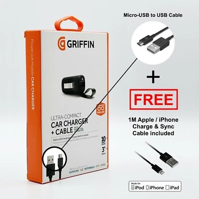 Griffin Fast Charge Compact Car Charger + Cable for Apple iPhone Samsung Huawei - Image 1 of 3