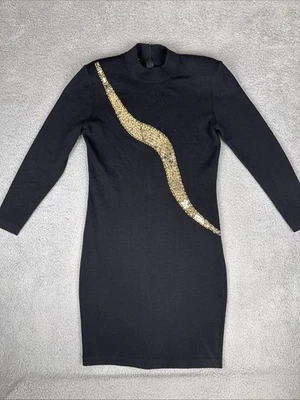 Antigo Vestido de Malha St. John Noturno Santana Feminino 6 Ombreiras de Lantejoulas Ouro Preto - Imagem 1 de 4