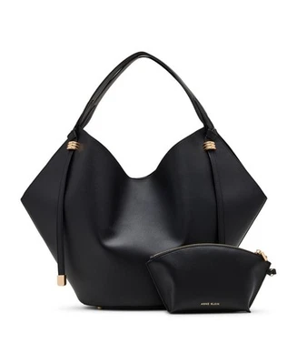 Anne Klein 大号 Hobo 托特包 单肩包 带可拆卸小袋 黑色 金色 — 第 1/4 张图片