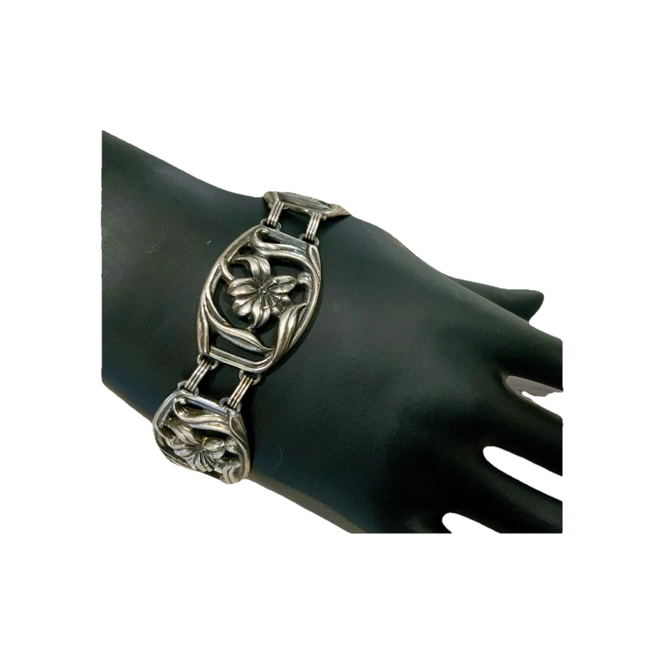 Vintage Danecraft Bracelet Sterling Silver Lily Floral Panel 925 Signed 7.25” - Image 1 of 4
