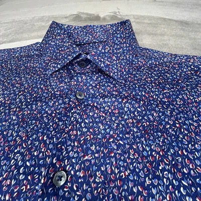 Bugatchi Shirt Mens Medium 8 Way Stretch Red Blue Floral Rose Pattern Party Date - Image 1 of 4