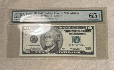 1999 $10 Federal Reserve Note  BF/star ( ATLANTA “F”) PMG 65 EPQ - Image 1 of 2