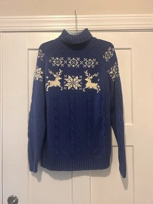 Vtg Lands End Sweater Womens XL Reindeer Blue Turtle Neck Pullover Cozy Cable - Image 1 of 4