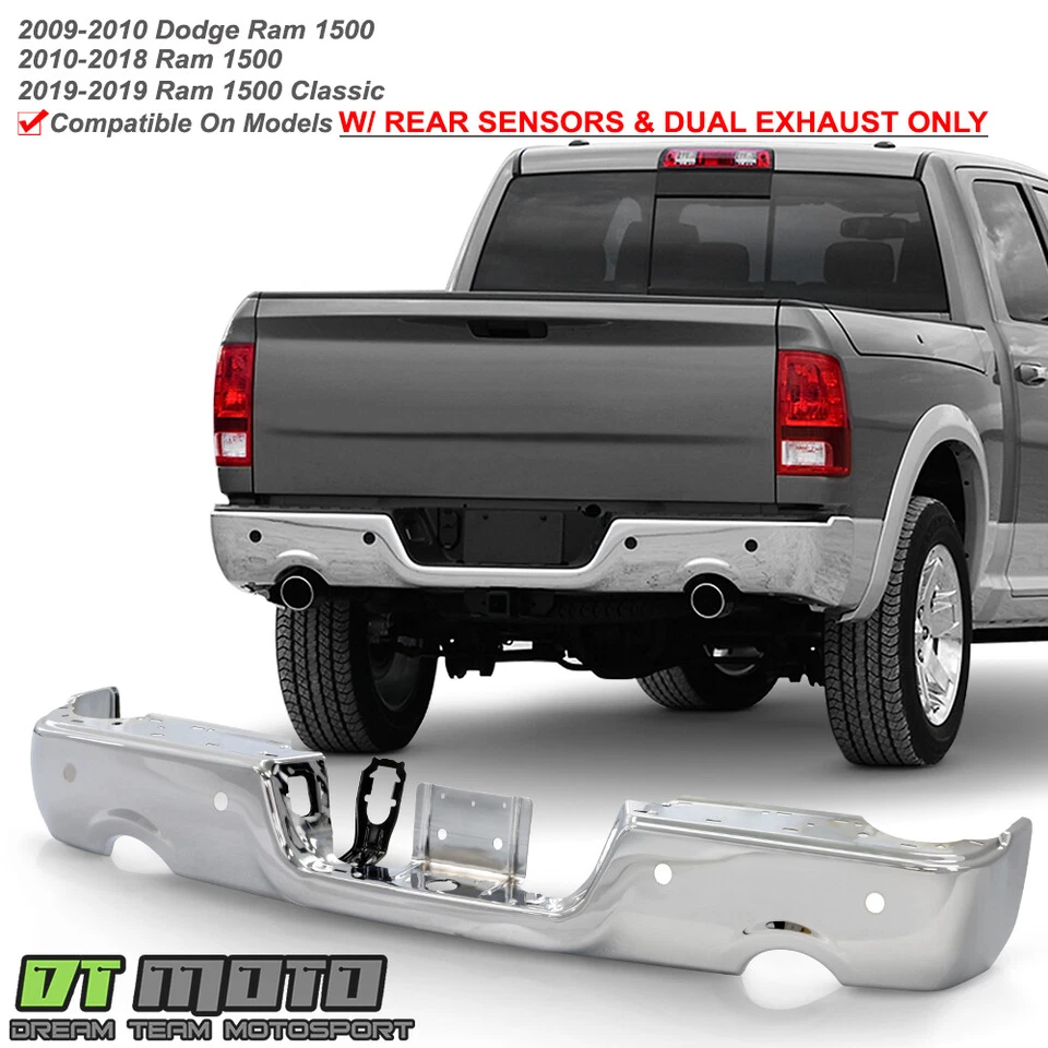 2009-2018 Dodge Ram 1500 w/Dual Exhaust & Sensor Rear Step Bumper Face - Chrome - Image 1 of 1