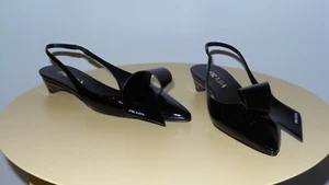 $1200 PRADA LOGO BLACK PATENT LEATHER KITTEN HEELS SIZE 36 - Picture 1 of 12