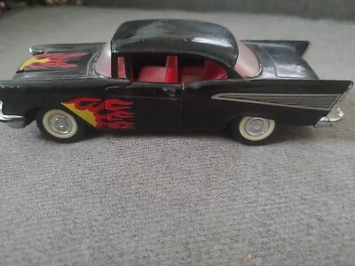 Majorette 1957 Chevy Bel Air 1:34 Scale Black with Flames ‘57 Doors Open 6" - Image 1 of 4