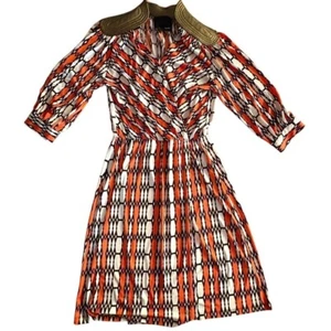 ANTHROPOLOGIE AMADI Geometric Print Wrap Dress with Gold Shoulder Detail LARGE - Picture 1 of 15