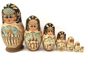 Russian Wooden Nesting Doll Matte Painted Happy Girl 7" Gold Painted Wood Burned - Picture 1 of 11