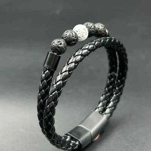 Lava Stone Double Layer Braided Leather Bracelets For Mens 14K Black Gold Finish - Picture 1 of 7