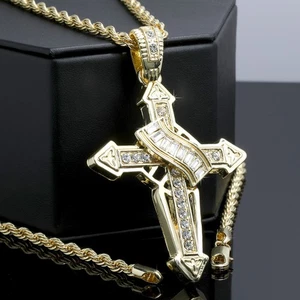 Iced Victorian Cross Pendant Cubic Zirconia 14k Gold Plated Rope Chain For Men's - Picture 1 of 12