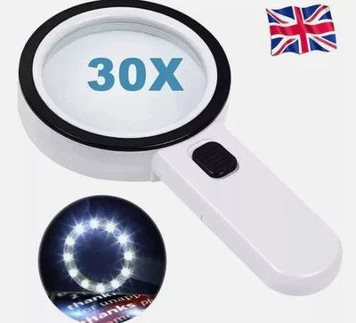 30X Extra Large Magnifying Glass With 12 LED Light Illuminated Reading Loupe UK - Image 1 of 4