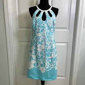 Abito tubino smanicato Lilly Pulitzer taglia 10 Halter foderato blu bianco acqua - Foto 1 di 18