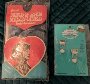 Vintage 1950s Accessories Lot 2 Hair Rain Bonnet & Detachable Garters/Grips NOS - Picture 1 of 4