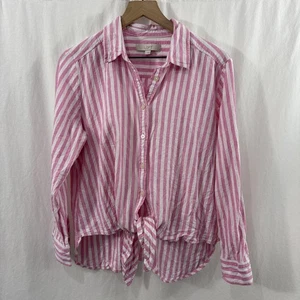 Camicia loft donna grande rosa/bianca righe lino misto viscosa cravatta davanti spiaggia - Foto 1 di 12
