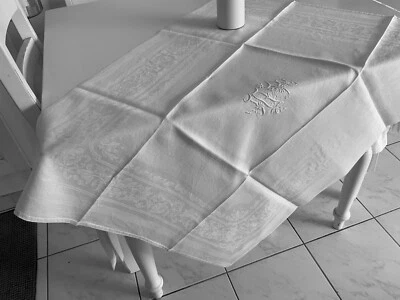 Linge Ancien 1 Petite Nappe DE MARIAGE Damassé De Soie Brodé Monogramme M R - Photo 1/4