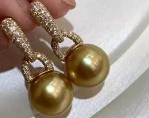 Wunderschöner riesiger AAA 10-11mm natürlicher Südsee runder goldener Perlenohrring 925er - Bild 1 von 6