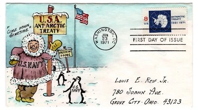 #1431 Antarctic Treaty  1971 FDC  Herman Maul Hand-Painted Penguin Igloo - Image 1 of 2