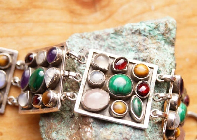 3 cm Breit Silber Armband 17 19  21 cm Handarbeit Granat Multistein Armkette - Bild 1 von 4