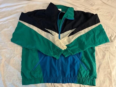 Chaqueta cortavientos Reebok vintage para hombre LG verde blanco negro bolsillos cremallera completa años 90 Foto 1 de 4