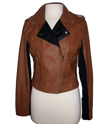 Chaqueta corta de cuero sintético Y2K talla Jr LRG New Look marrón/negro cremallera broches de presión motociclista Foto 1 de 4