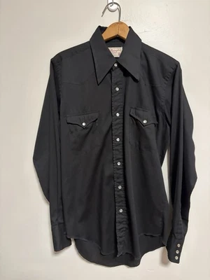 Vintage 70s Wrangler Black Western Pearl Snap Button Up Shirt Men's Size Medium - Image 1 of 4