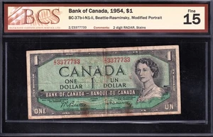 Bank Of Canada 1954 $1 One Dollar Banknote 2 Digit Radar BCS Graded F - 15 - Picture 1 of 2